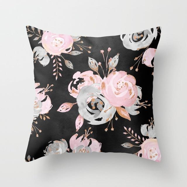 Coussin Noir Fleur Rose | Housse Déco