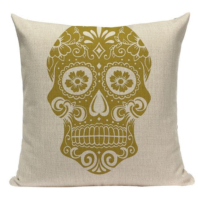 coussin tête de mort mexicaine doré