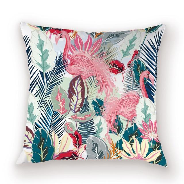 housse de coussin flamant rose foret tropicale