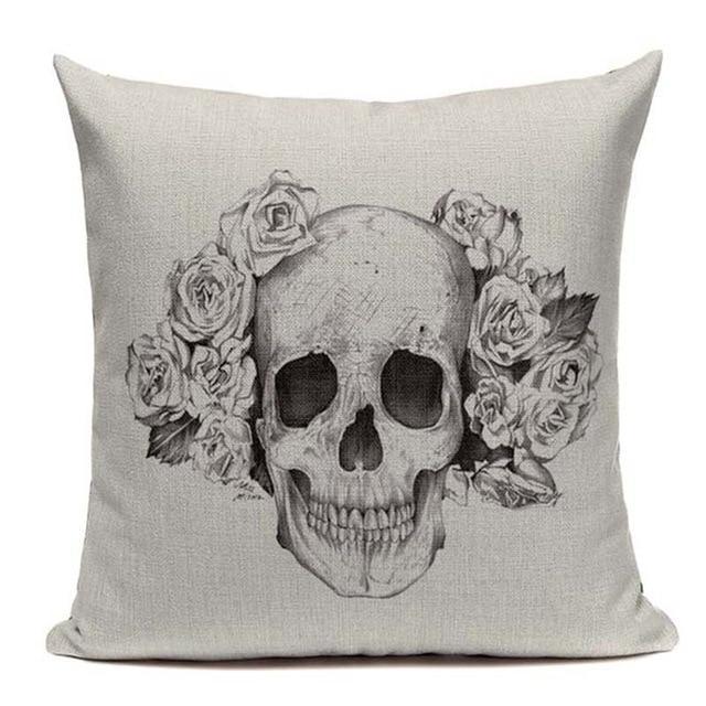 Housse de Coussin Tête de Mort Fleur Dessin